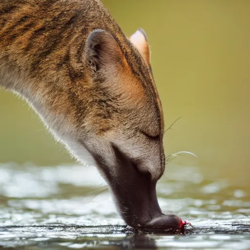 Image similar to close up photo of a rare thylacine, drinking water from a lake in tasmania, bokeh, 1 0 0 mm lens, 4 k award winning nature photography