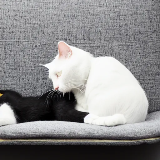 Prompt: a white cat and a black cat sleeping on an office chair. dslr photo