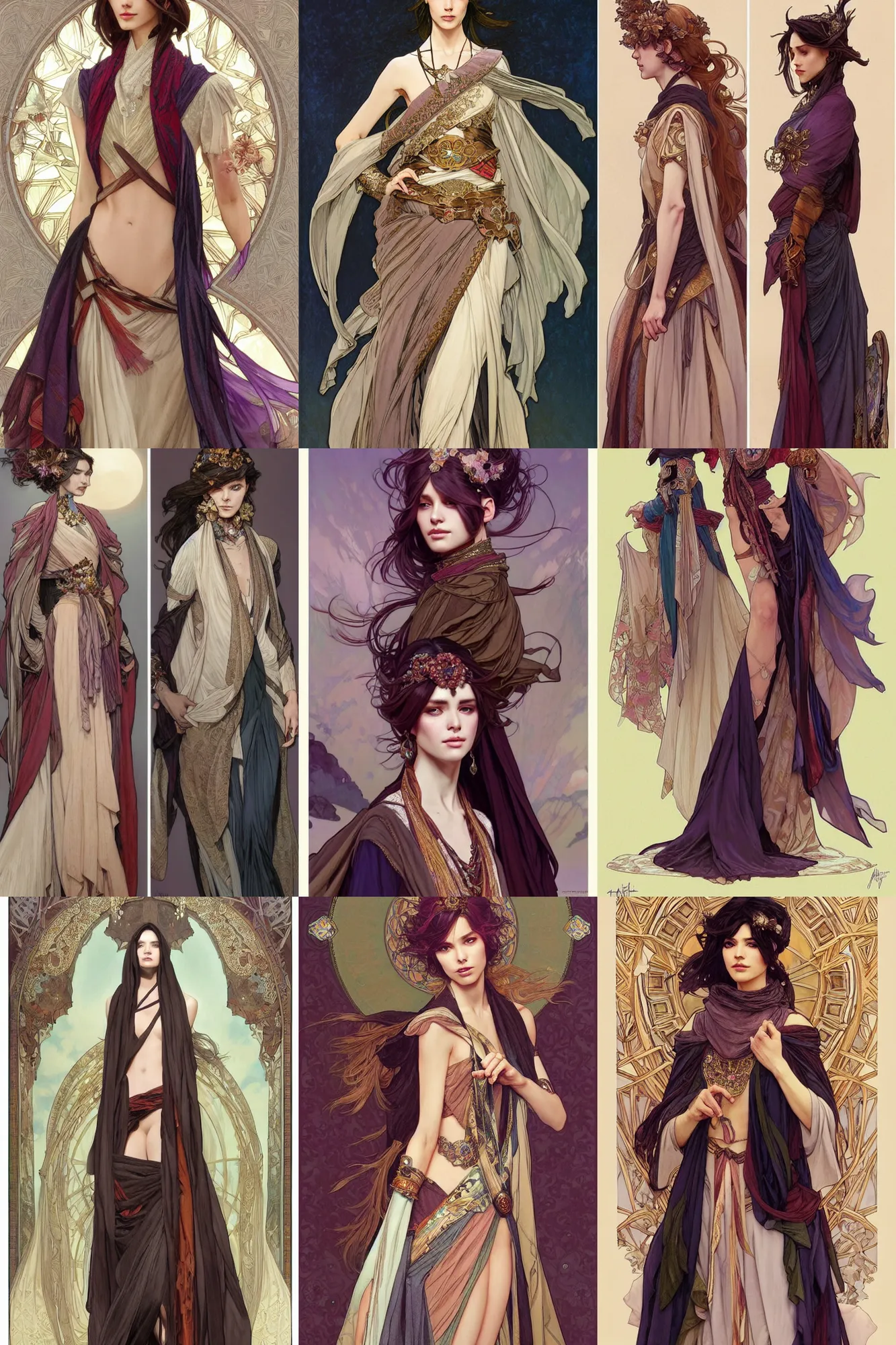 Prompt: fashion and hairstyles from the show reign, shawl, scarf, robes, loincloth, dress, layered skirts, copious jewelry, art by artgerm and greg rutkowski and alphonse mucha and ruan jia, high detailed,
