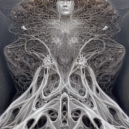 Prompt: a creature from a parallel universe by alexander mcqueen, zdzisław beksinski and alphonse mucha. highly detailed, hyper - real, very beautiful, intricate fractal details, very complex, opulent, epic, mysterious, trending on deviantart and artstation, polished and minimalist redesign by zaha hadid and iris van herpen