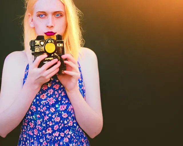 Image similar to pale young woman with bright blonde hair, freckles, blue eyes and a wide face, flowery dress, she is holding a professional dslr camera close to her face, dramatic lighting, bright flare, surreal art by anna nikonova