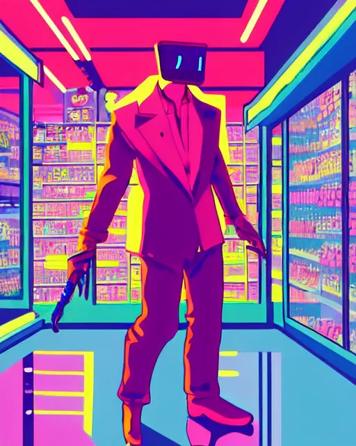 Image similar to cyberpunk man shopping at a neon soaked grocery store, science fiction painting, elegant intricate digital painting artstation, art by patrick nagel, detailed