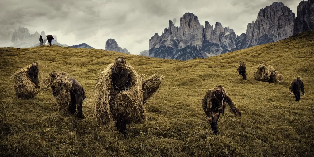 Image similar to alpine farmers turning into hay and root monsters, old pastures, dolomites in background, dark, eerie, despair, portrait photography, artstation, highly detailed, sharp focus, by cronneberg