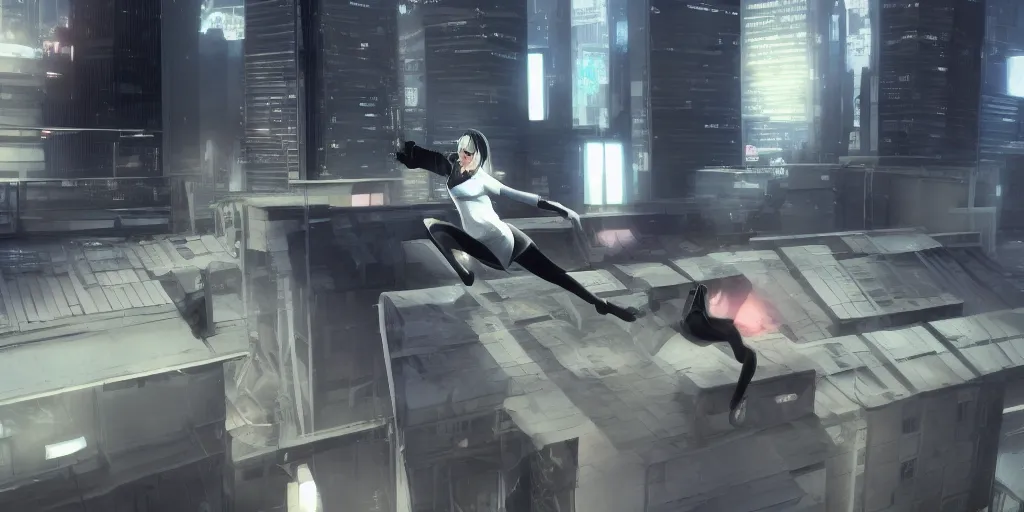 Image similar to Faith Connors from Mirror's Edge (2008 video game) running over a rooftop, cyberpunk, nighttime