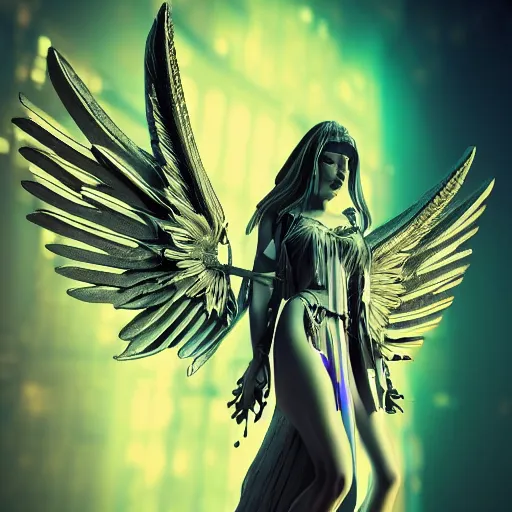 Image similar to gorgeous gothic angel in a neon city, masterpiece render, extremely detailed