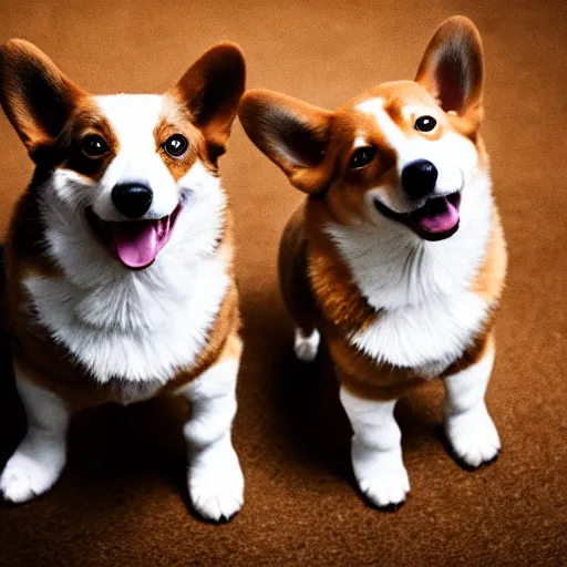 Prompt: a film still of a horror movie featuring two corgi dogs, spooky, photography, award - winning, eerie, 4 k