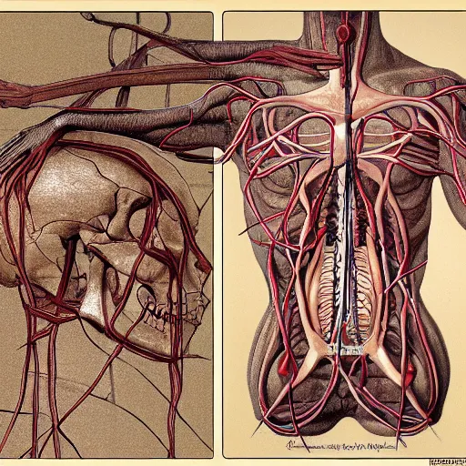 Prompt: a medical illustration of the human artery system, dissected human torso and skull, medical, simple but detailed, in style of da vinci, moebius and mucha