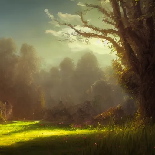 Image similar to medieval fantasy meadow landscape, digital art, andreas rocha, trending on artstation, 4k wallpaper