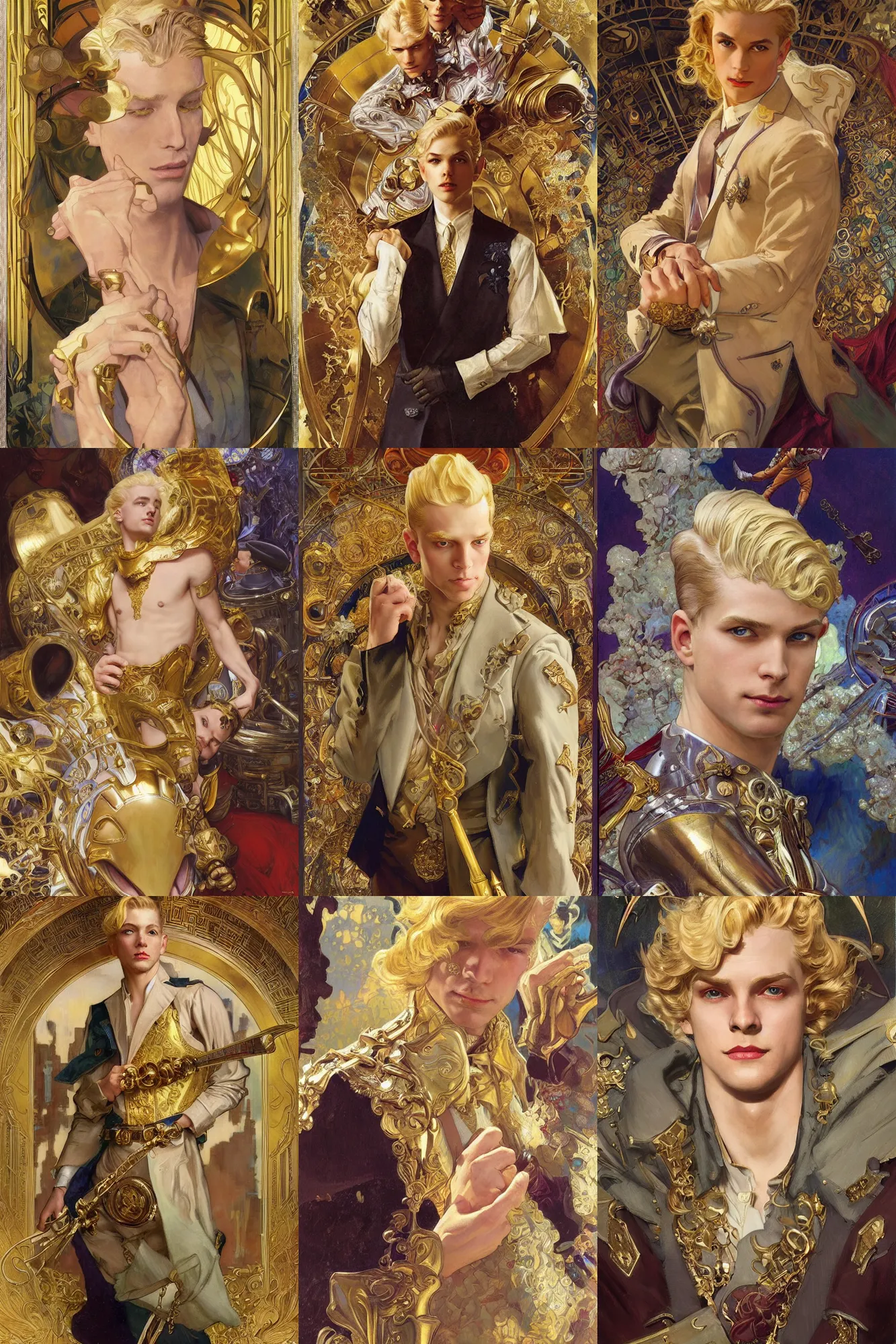 Prompt: beautiful young prince, blonde hair, gold, 1 9 2 0 s fashion, fantasy, art by joseph leyendecker, donato giancola, dean cornwell, peter mohrbacher, ruan jia, marc simonetti, cedric peyravernay, alphonse mucha