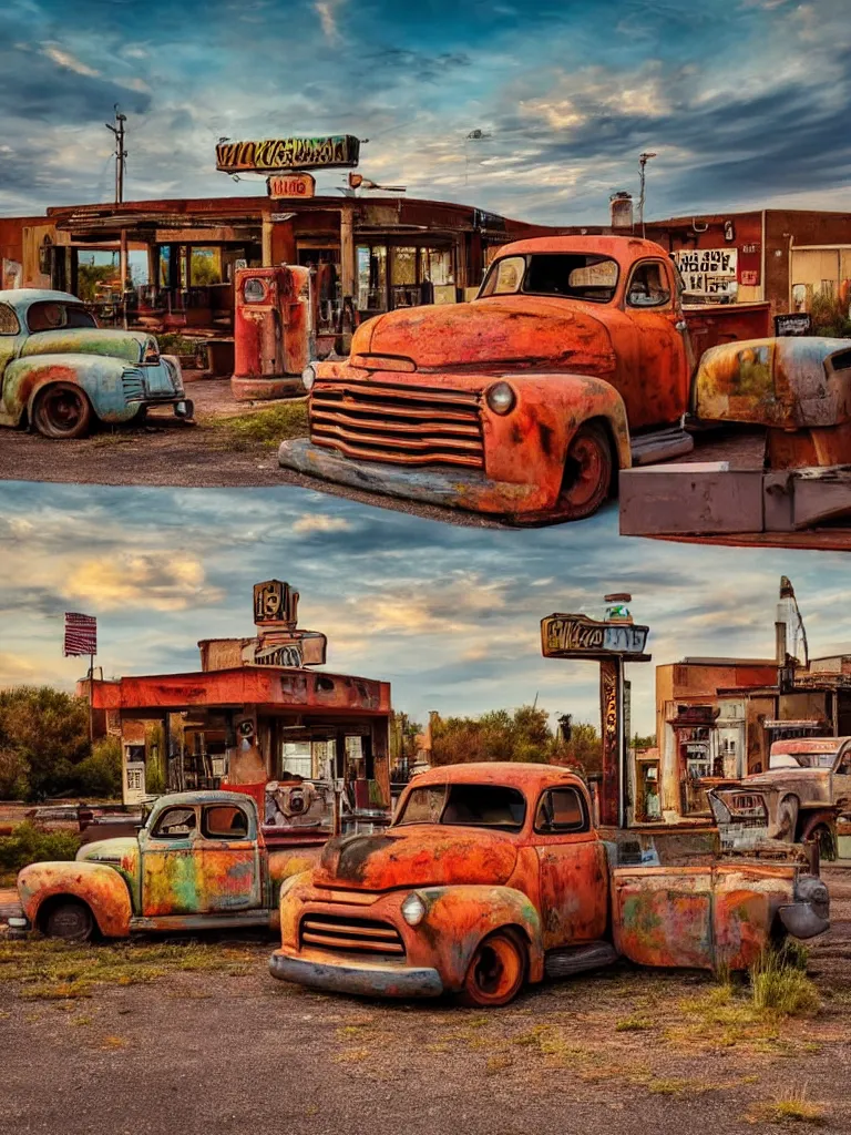 Image similar to A beautiful colorful evening scene of route66 with abandoned gas station and rusty old pickup truck :: hyper realistic