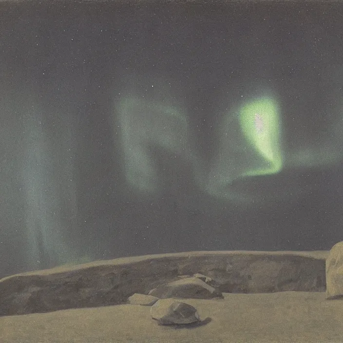 Prompt: the giant boulder, dark obsidian rock of ages filling up the interior of a house, cracking it's walls. aurora borealis. painting by hammershoi, zurbaran, monet