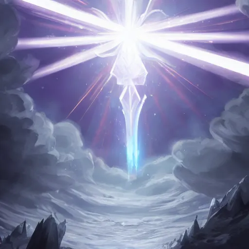 Image similar to a beacon of light descends from the clouds and refracts into ripples and shards of light energy in contact with the tip of a white fantasy sword wielded overhead by an archangel man on a medieval battlefield, artstation, deviantart, 8k, concept art, incredibly detailed art