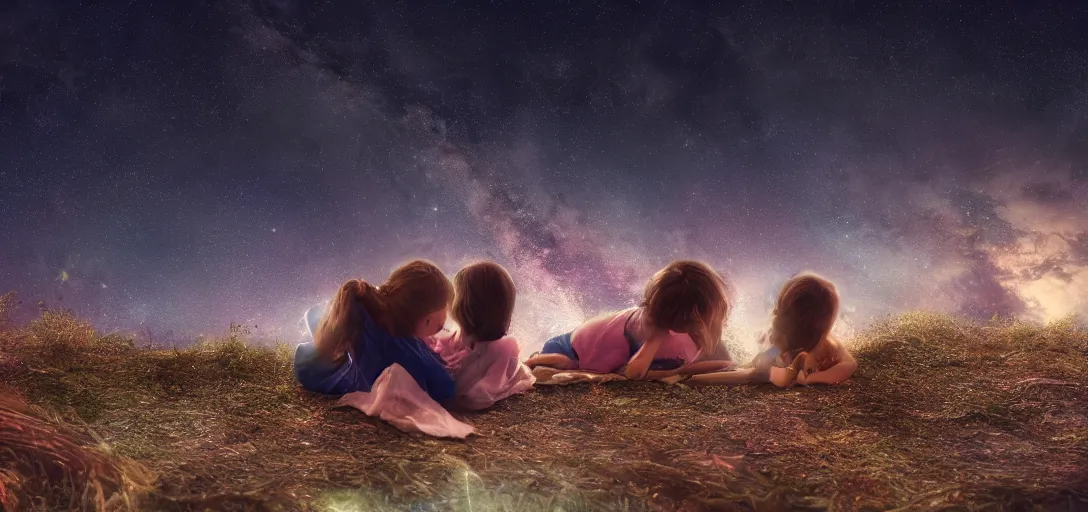 Prompt: star sky , night sky, cinematic,sky strewn with stars, little girls lying on the roof high detail, photorealism, sharp focus, star sharpness, different angles, 4k, UHDR