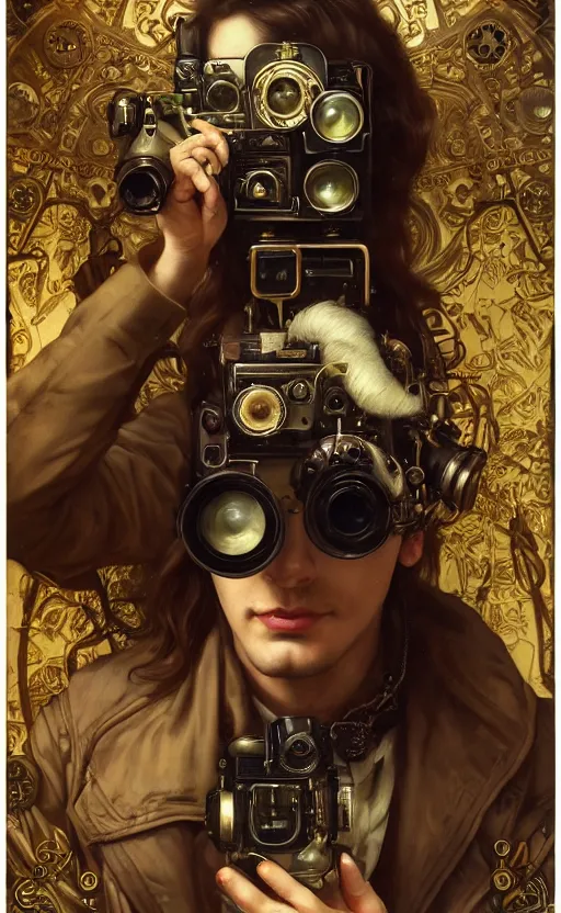 Image similar to hyper realistic male photographer looking through a vintage steampunk medium format camera, design on white background, beautiful details, lush foliage cyberpunk, gold, drawn by john singer sargent, tom bagshaw, norman rockwell, alphonso mucha, lolish, trending on artstation