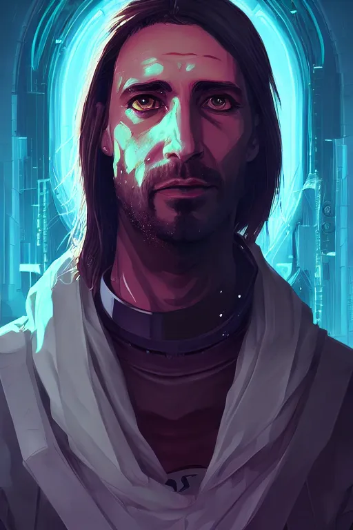 Image similar to « a portrait of a cyberpunk jesus, a character portrait by paul kelpe, reddit contest winner, sots art, ilya kuvshinov, 2 d game art, parallax »