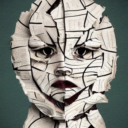 Prompt: face shredded like paper peeling, dark, surreal, illustration, by ally burke