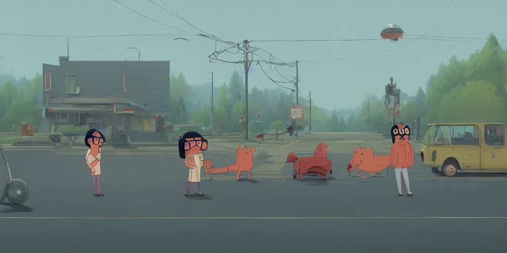 Image similar to bobs burgers by Goro Fujita and Simon Stalenhag , 8k, trending on artstation, hyper detailed, cinematic