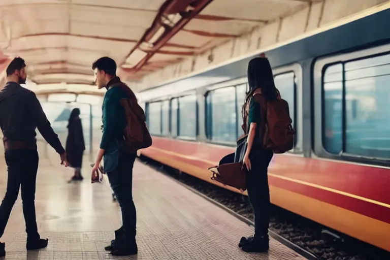 Image similar to vfx movie couple in a train station flat color profile low - key lighting cinematography