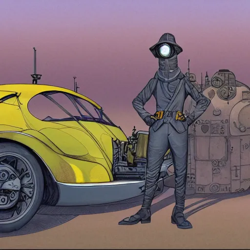 Prompt: a man standing next to a car, in desert dieselpunk style ; steampunk, jean giraud, moebius, francois schuiten, illustration, drawing, painting, face, green, yellow, red, muted, clean lines, centered face, symmetric, digital art, detailed, artstation, deviantart, hd, 8 k, 4 k