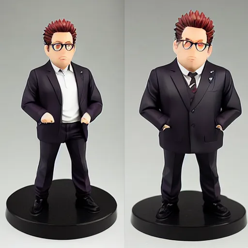 Image similar to Jonah Hill as a Figma anime figurine. Posable PVC action figurine. Detailed artbreeder face. Full body 12-inch Figma anime statue.