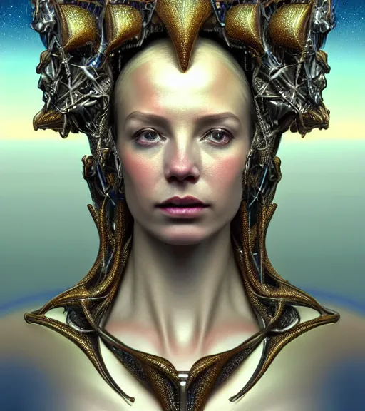 Prompt: artstation futuristic 3 d model of detailed realistic beautiful young groovypunk queen of andromeda galaxy in full regal attire. face portrait. art nouveau, symbolist, visionary, baroque, giant fractal details. horizontal symmetry by zdzisław beksinski, iris van herpen, raymond swanland and alphonse mucha. highly detailed, hyper - real, beautiful