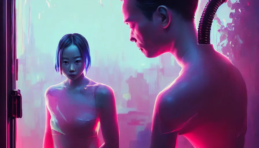 Image similar to jamie chung, lolita, altered carbon, highly detailed surreal neon vfx portrait of a android, stephen bliss, unreal engine, greg rutkowski, loish, rhads, beeple, makoto shinkai and lois van baarle, ilya kuvshinov, rossdraws, tom bagshaw, global illumination, detailed and intricate environment