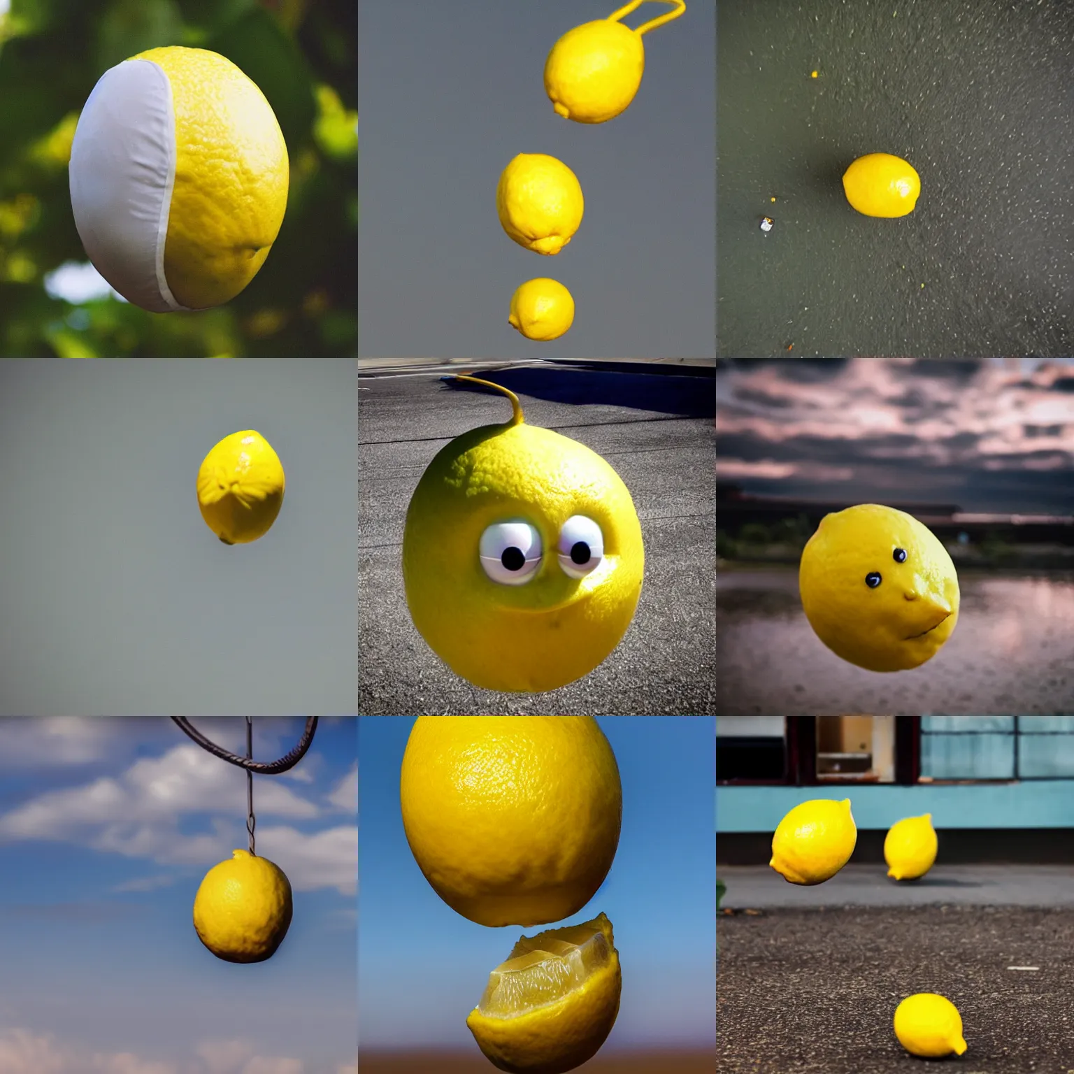 Prompt: a moment before a flying lemon hits the camera