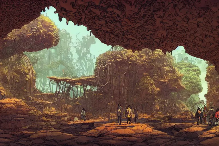 Prompt: steampunk natural cave with vegetation, kid and mad scientist walking, giant video screens, sci - fi, retrofuturism, concept art by moebius and victo ngai, architecture by francois schuiten, clean line, diesel punk, artstation