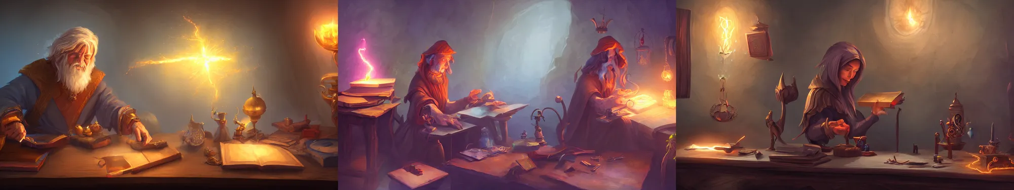 Prompt: A mage crafting a magical device on a desk. Fantasy, digital painting, HD, 4k, detailed.