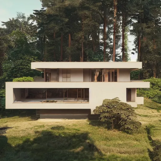 Prompt: beige rectangular house with big central atrium, on a hill surrounded by big trees, dramatic lighting, artstation, matte painting, raphael lacoste, simon stalenhag, frank lloyd wright, zaha hadid, drone view