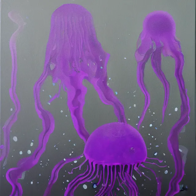 Image similar to violet jellyfish, black fish, stingray, grey coral, depression, neo - expressionism, surrealism, acrylic and spray paint and oilstick on canvas