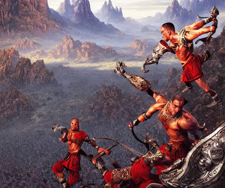 Image similar to wide angle shot from above of silver ornate armor slim muay thai handsome warriors in battle!!! mountains and giant gothic abbeys in the background, fine detail, 8 k, high contrast color scheme, blue at the background red at the foreground!!!, dynamic perspective, painted movie poster by greg rutkowski and peter mohrbacher