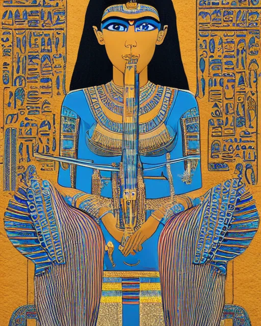 Image similar to portrait of a beautiful female ancient Egyptian goddess sitting on her throne, surrounded by blue lotus flowers. At her feet lies the god Anubis. fantasy, artstation, intricate, highly detailed, hyperrealism, beautiful symmetrical face, photorealistic, golden ratio, rendered in Octane, by James C. Christensen. by Carlos Shwabe