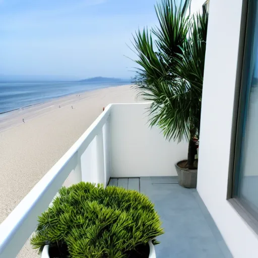 Image similar to zen minimalist clean modern white plant balcony, soft - light, cool, overlooking beach