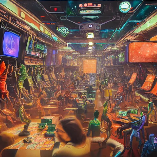 Image similar to highly detailed crowded used future casino, robots humans and extraterrestrials, on a crowded space station, jim henson creature shop, 1 9 8 0 s science fiction, 1 9 7 0 s science fiction, alien 1 9 7 9, cyberpunk, 3 d oil painting, depth perception, 4 k, artstation