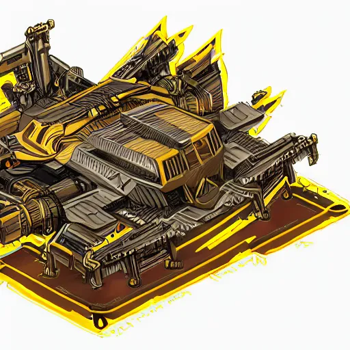 Prompt: annotated highly detailed and intricate 4 5 degree isometric cross section of mad cat mecha marker concept art style render : : metalic yellow and brown : :