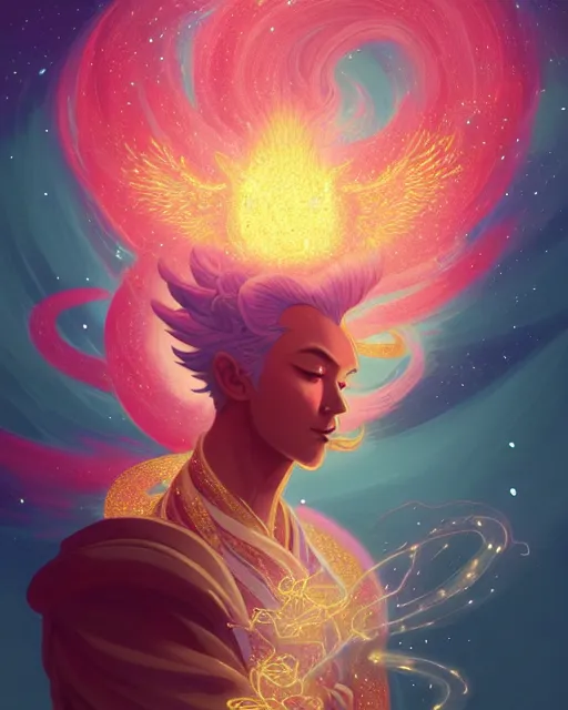 Image similar to a character portrait of only one male angel with golden fiery wings, surrounded with spiriling sparkling rose crystals and galaxies, by peter mohrbacher, hyper light drifter, ukiyo - e trending on artstation