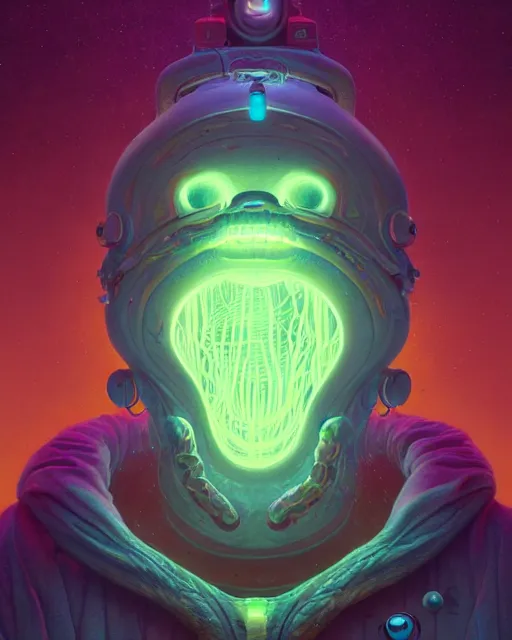 Prompt: portrait of a creepy bioluminescent monster, highly detailed, digital painting, cinematic, hyperrealism, dark retrowave, art by simon stalenhag and stanley lau and artgerm and magali villeneuve and alphonse mucha, artstation hd, octane render, cgsociety