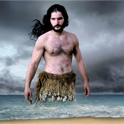 Image similar to an extremely detailed realistic hdr photo of jon snow as zardoz fighting fairies on the beach