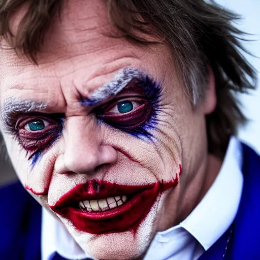 Image similar to Mark Hamill cosplaying as The Joker, photorealistic, highly detailed, professional photo, studio lighting, 4K HD