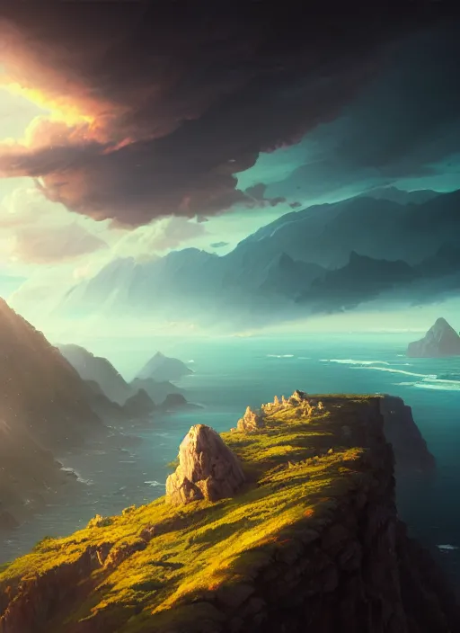 Image similar to nature landscape, aerial view, drone photography, cinematic, mountains and ocean, cinematic view, epic sky, detailed, concept art, low angle, high detail, warm lighting, volumetric, godrays, vivid, beautiful, trending on artstation, by jordan grimmer, huge scene, art greg rutkowski