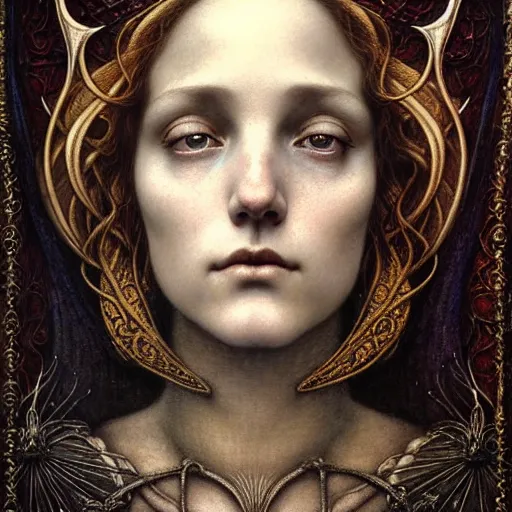 Image similar to detailed realistic beautiful young medieval queen face portrait by jean delville, tom bagshaw, brooke shaden, gustave dore and marco mazzoni, art nouveau, symbolist, visionary, gothic, pre - raphaelite, ornate gilded medieval icon, surreality, ethereal, unearthly, haunting, celestial, neo - gothic, ghostly, memento mori, eerie