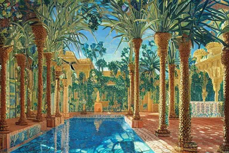 Prompt: painting of a beautiful moorish palace courtyard garden, by arkady rylov and alayna danner and maxfield parrish, patterned tilework, palm trees, tiled fountains, extremely detailed, cinematic lighting, smooth sharp focus