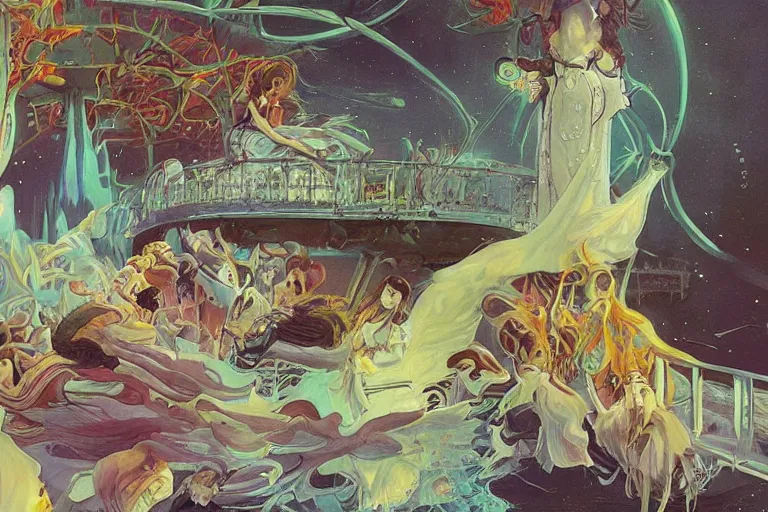 Image similar to Surreal, bridge between the worlds, fairy magnificent, elegant, art nouveau, white sweeping arches, surreal hybrid animals of neon colors in the sky, dramatic lighting, by Studio Ghibli, Brom,