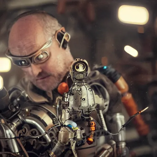 Image similar to balding older cyborg using jeweller's loupe with orange led light, inspecting complex gun made from rusted metal kitchen utensils, smoking soldering iron, dark messy cluttered workshop, highly detailed, sci - fi, futuristic, movie still from blade runner