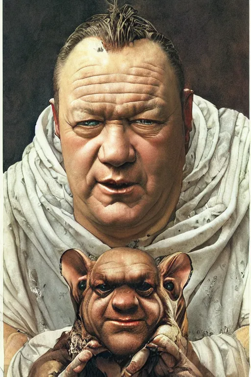 Prompt: upper body portrait of clean-shaven ray winstone as a toad hybrid high priest by norman rockwell and boris vallejo