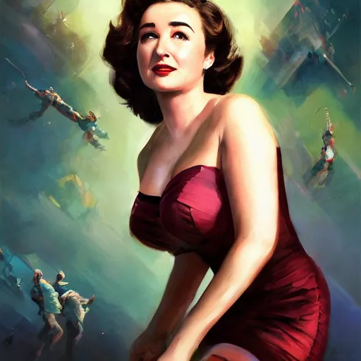 Image similar to Portrait of Milana Vayntrub as the heroine of a 1950s sci-fi movie poster art by Ruan Jia and Mandy Jurgens and Artgerm and william-adolphe bouguerea, highly detailed, trending on artstation, award winning,