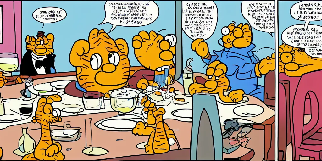 Prompt: a comic strip with garfield and john at a table with tought bubbles, by jim davis.