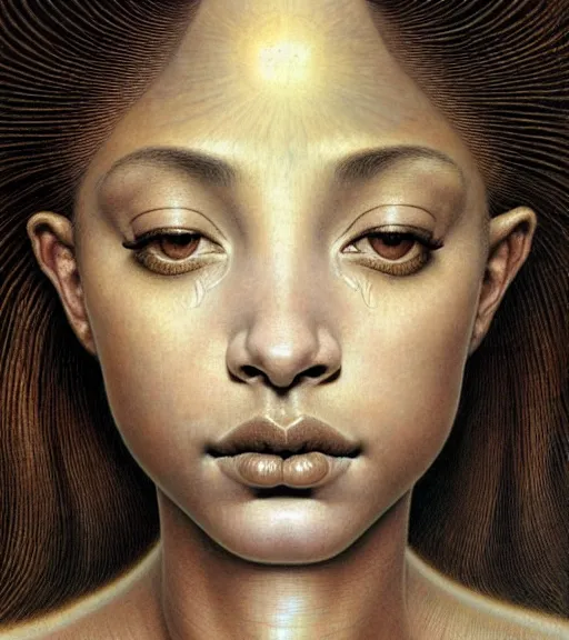 Image similar to detailed realistic beautiful young sade adu face portrait by jean delville, gustave dore and marco mazzoni, art nouveau, symbolist, visionary, baroque, intricate fractal, biomechanical. horizontal symmetry by zdzisław beksinski, iris van herpen, raymond swanland and alphonse mucha. highly detailed, hyper - real, beautiful