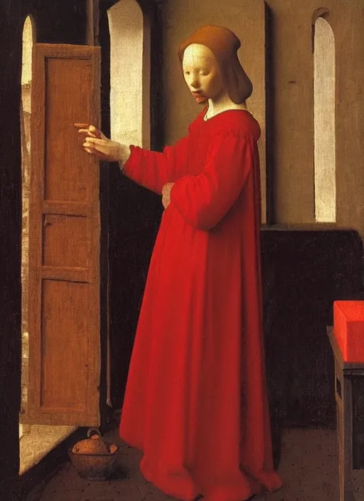 Image similar to red candle, medieval painting by jan van eyck, johannes vermeer, florence